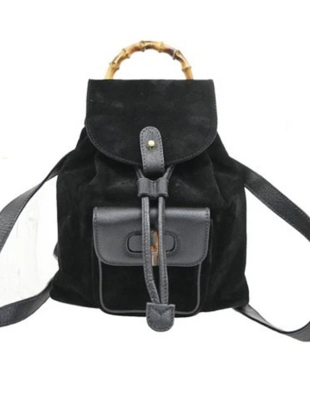 GUCCI Logo Bamboo Backpack Bag Suede Canvas Leather Black GHW Italy 31ZA206